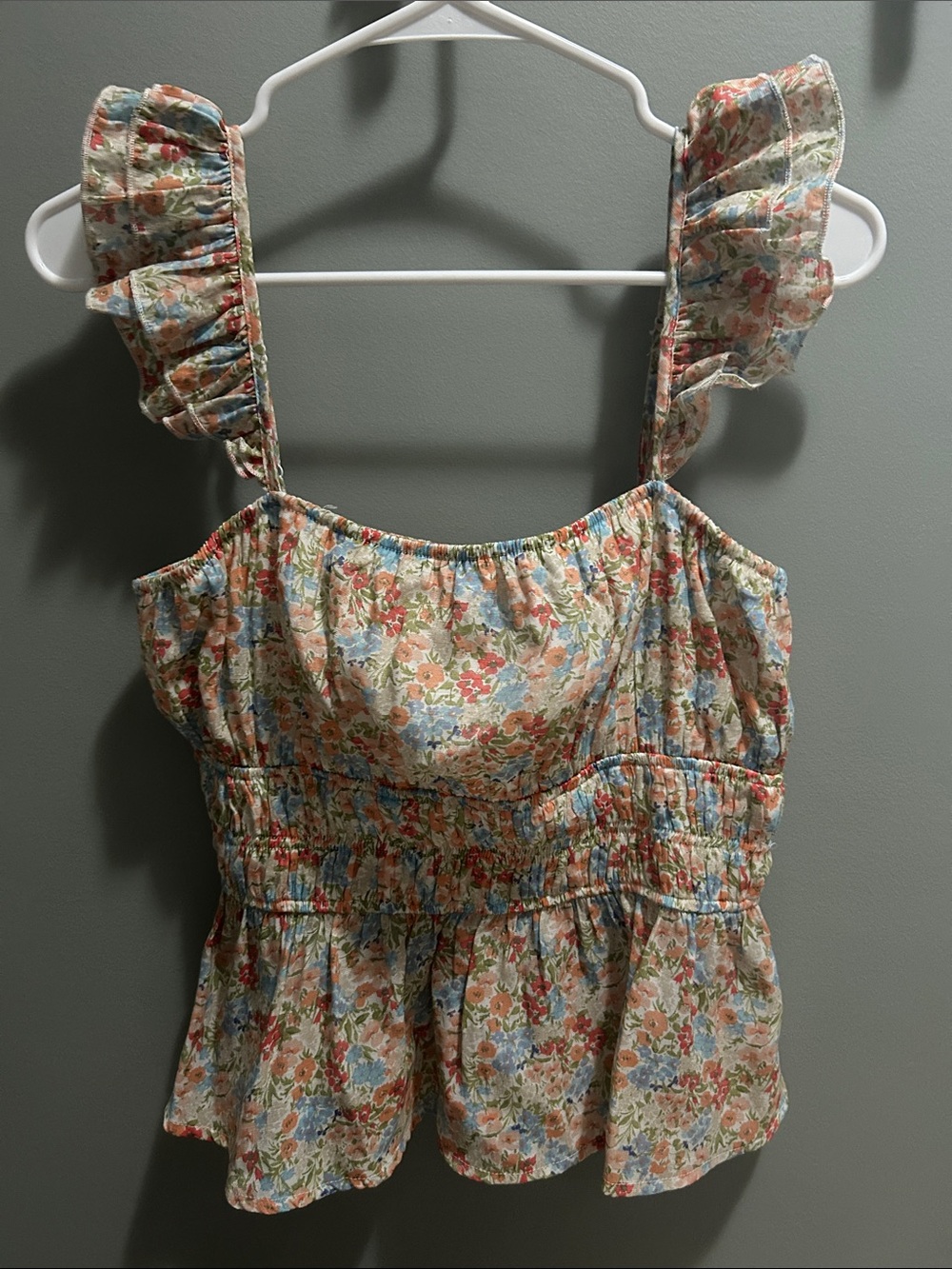 miami Floral Smocked Peplum Tank Top in Coral, Blue, Cream & Green